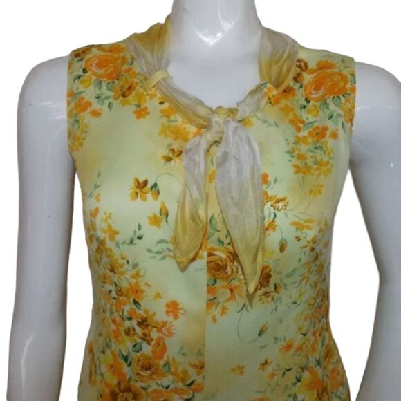 VINTAGE Dress, 4, Yellow Floral, Scarf tie neck, Sleeveless, Handmade - Picture 7 of 13